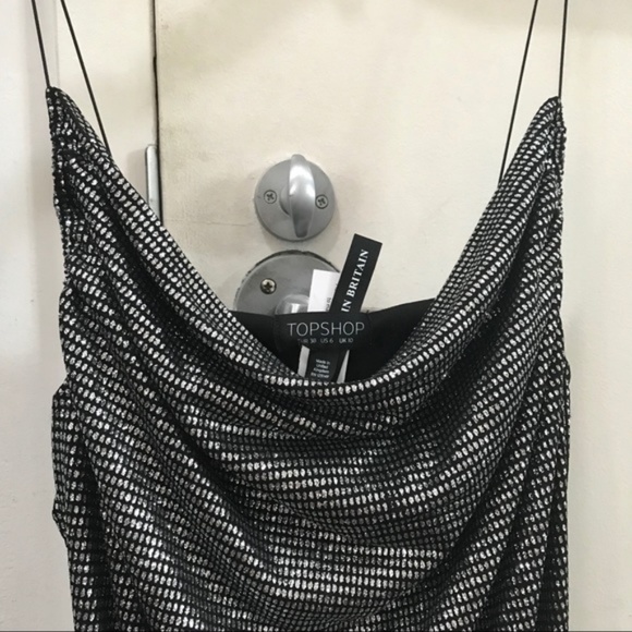 TopShop RARE Black Silver METALLIC Sexy Mini Dress 6 xs- small NWT! New with tag - Picture 5 of 7